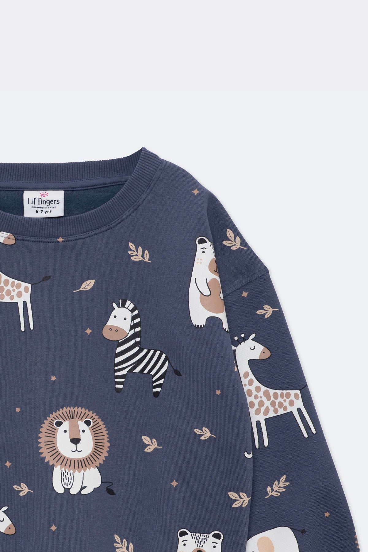 Denim blue kids sweatshirt with all-over safari animal print and long sleeves
