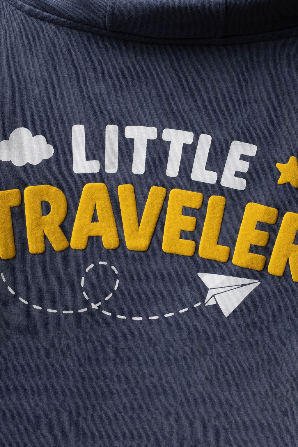 Denim blue kids hoodie detail: 'LITTLE TRAVELER' print with clouds and plane