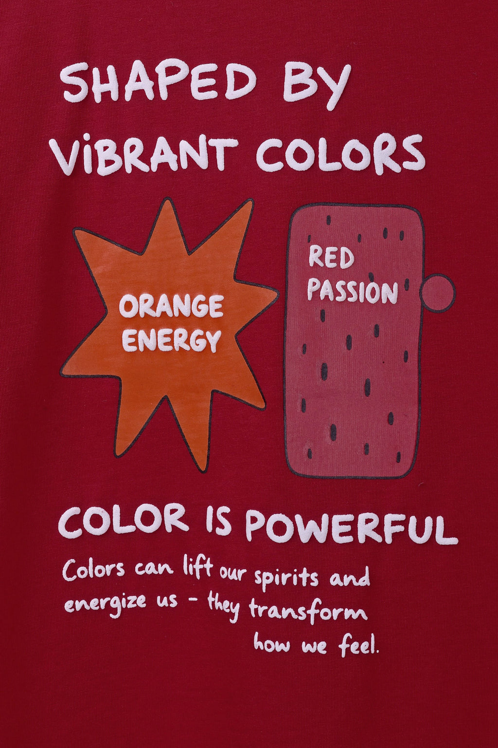 Red T-shirt back graphic with 'Shaped by Vibrant Colors' and icons