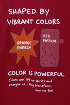 Red T-shirt back graphic with 'Shaped by Vibrant Colors' and icons