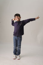 Boys navy long-sleeve henley T-shirt with button placket and bear/tree embroidery