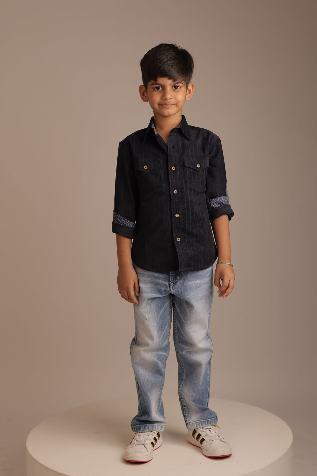 Boys navy corduroy long-sleeve button-up shirt with flap pockets and gold buttons