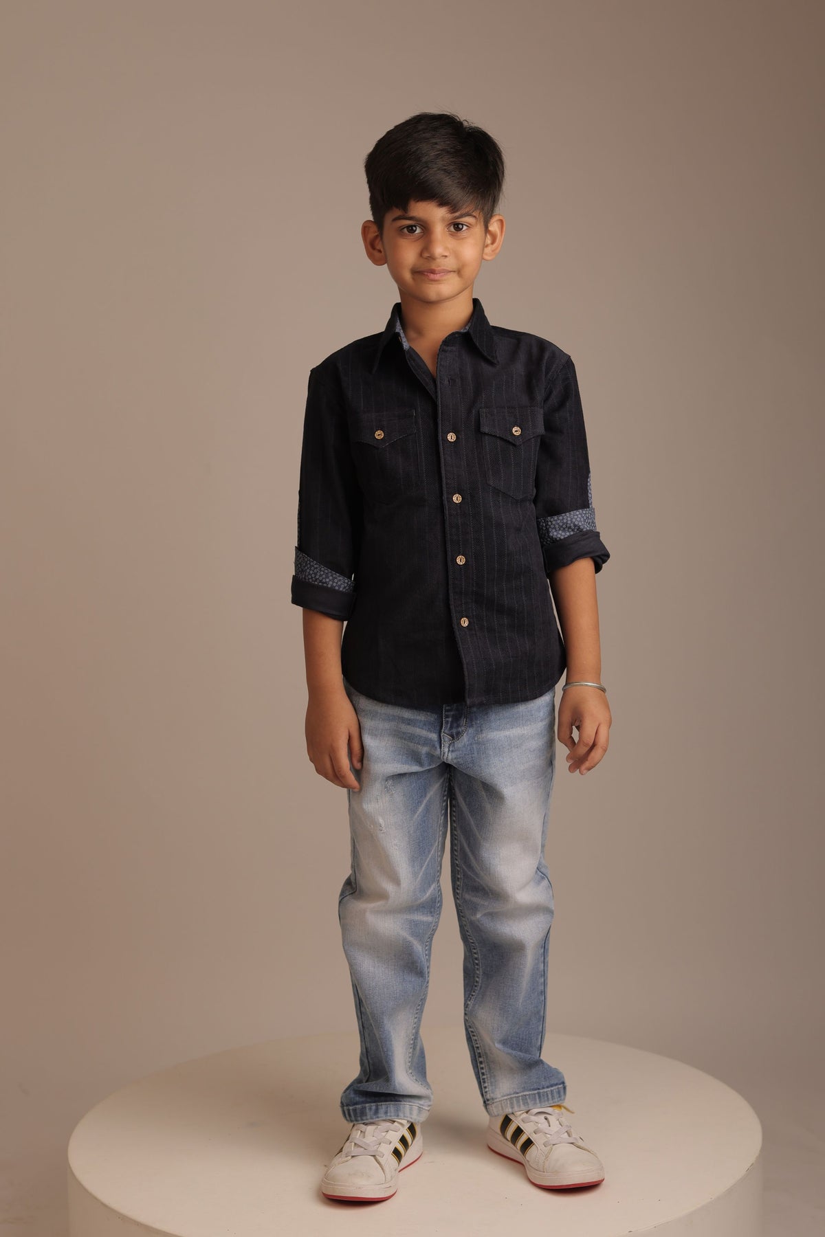 Boys navy corduroy long-sleeve button-up shirt with flap pockets and gold buttons