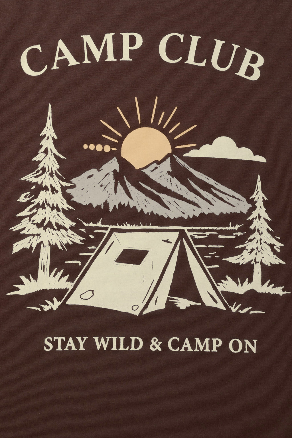 Brown kids' T-shirt graphic close-up: “CAMP CLUB” with tent, trees, and sun