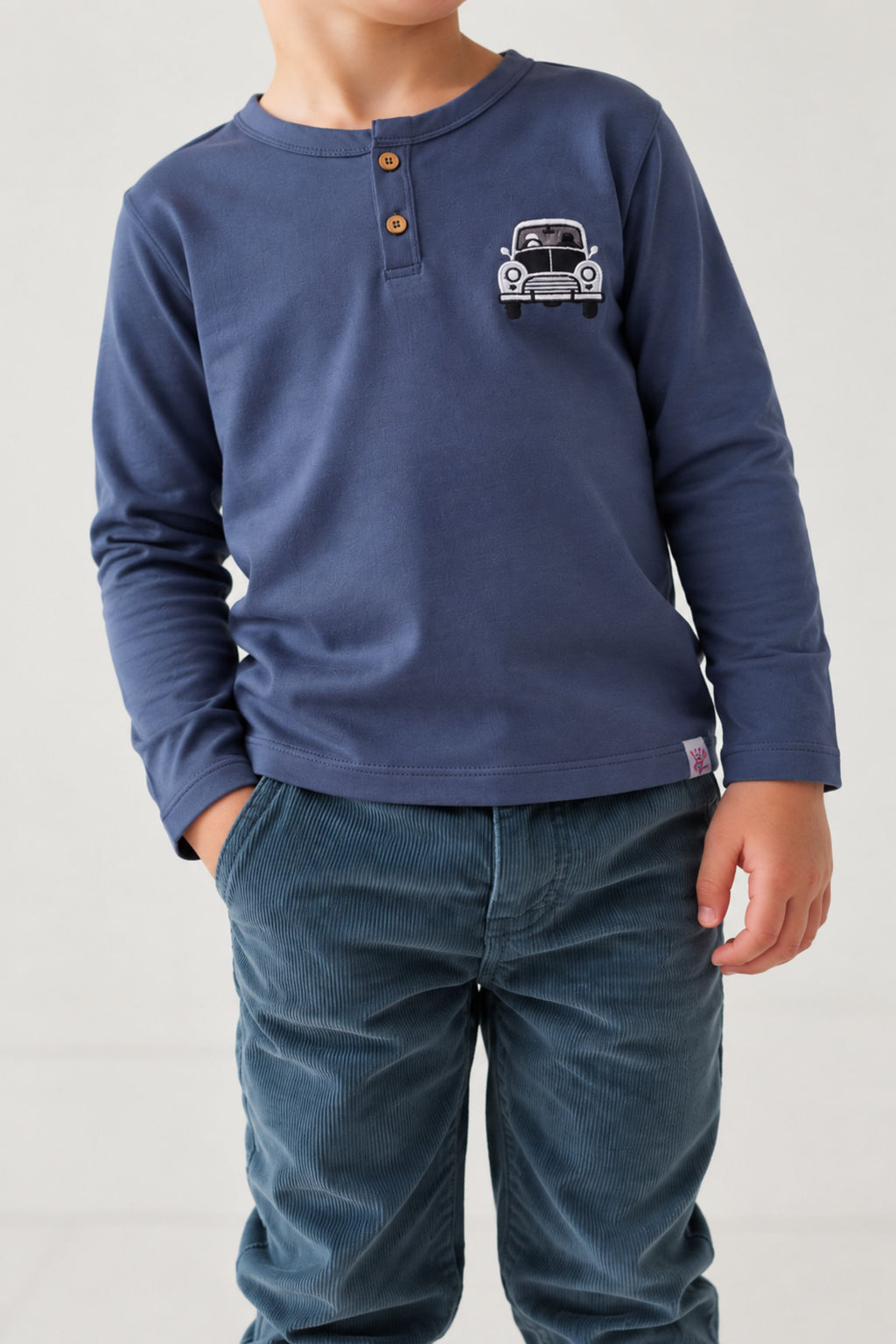 Boys denim blue long-sleeve henley shirt with car embroidery and 3-button placket