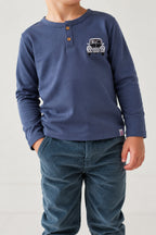 Boys denim blue long-sleeve henley shirt with car embroidery and 3-button placket