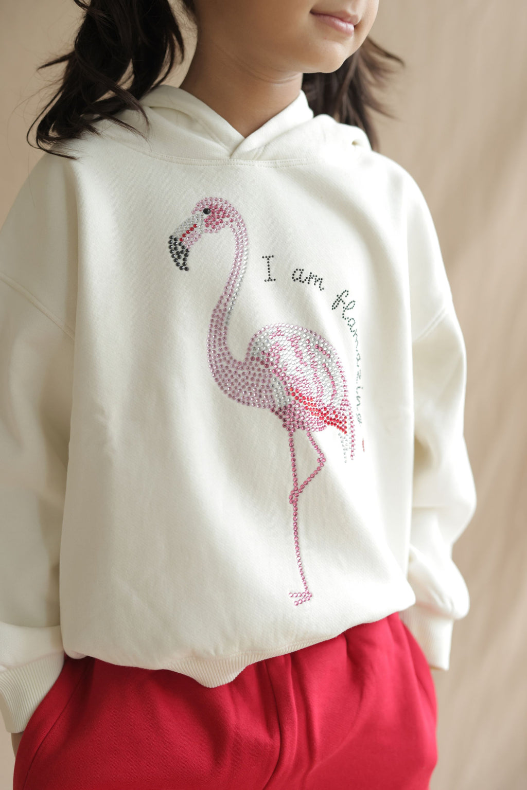 Girl wearing ivory cream hooded sweatshirt with embellished flamingo front design