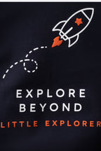 Navy hoodie close-up: Explore Beyond text with rocket graphic and orange stars
