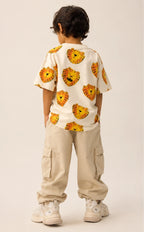 White lion-face print t-shirt, back view with all-over pattern
