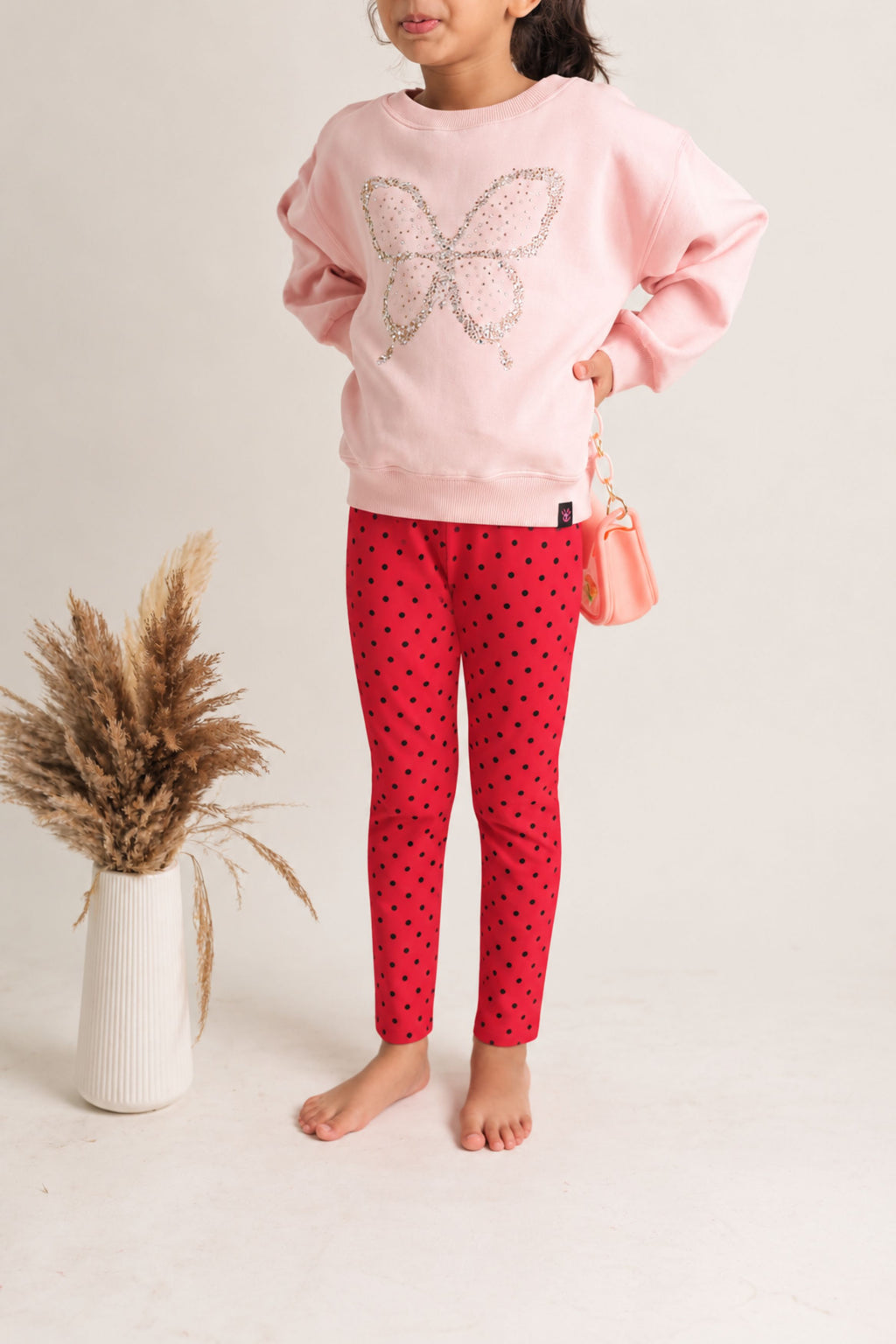Girls red polka dot stretch leggings, full length with elastic waist