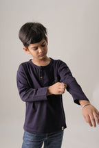 Boys navy long-sleeve henley T-shirt with button placket and bear/tree chest embroidery