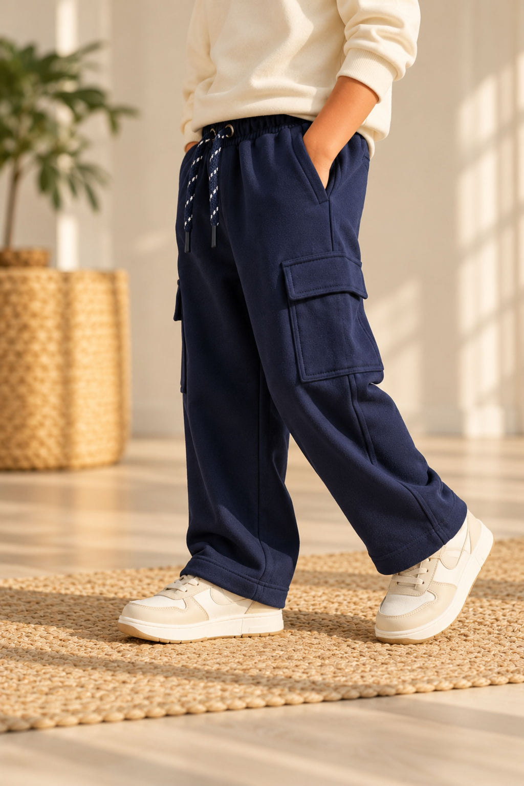 Navy fleece pajama pants on model, cargo side pockets and relaxed leg fit