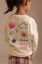 Off-white long-sleeve tee with back “Grow with Love” heart sun star floral graphic