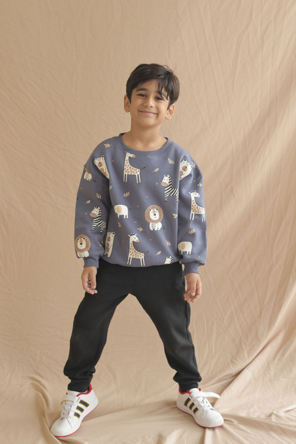 Kids denim blue safari-animal print sweatshirt with crew neck and long sleeves