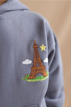Denim blue kids hoodie sleeve with Eiffel tower embroidery and star patch