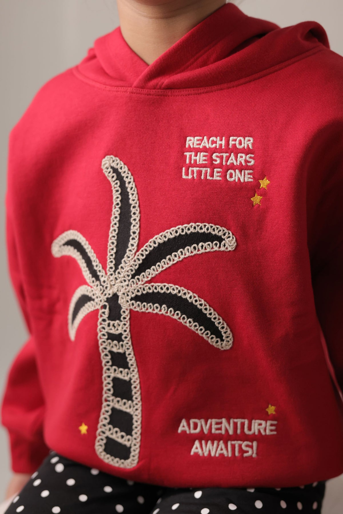 Red fleece hoodie close-up with palm tree embroidery, quote text, and star accents