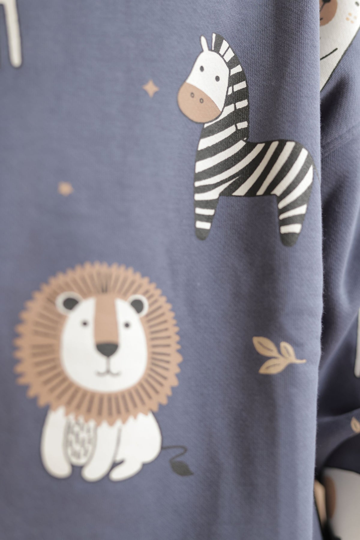 Denim blue sweatshirt with lion and zebra safari characters on front