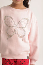 Girl's blush pink sweatshirt featuring a sparkling butterfly beadwork design