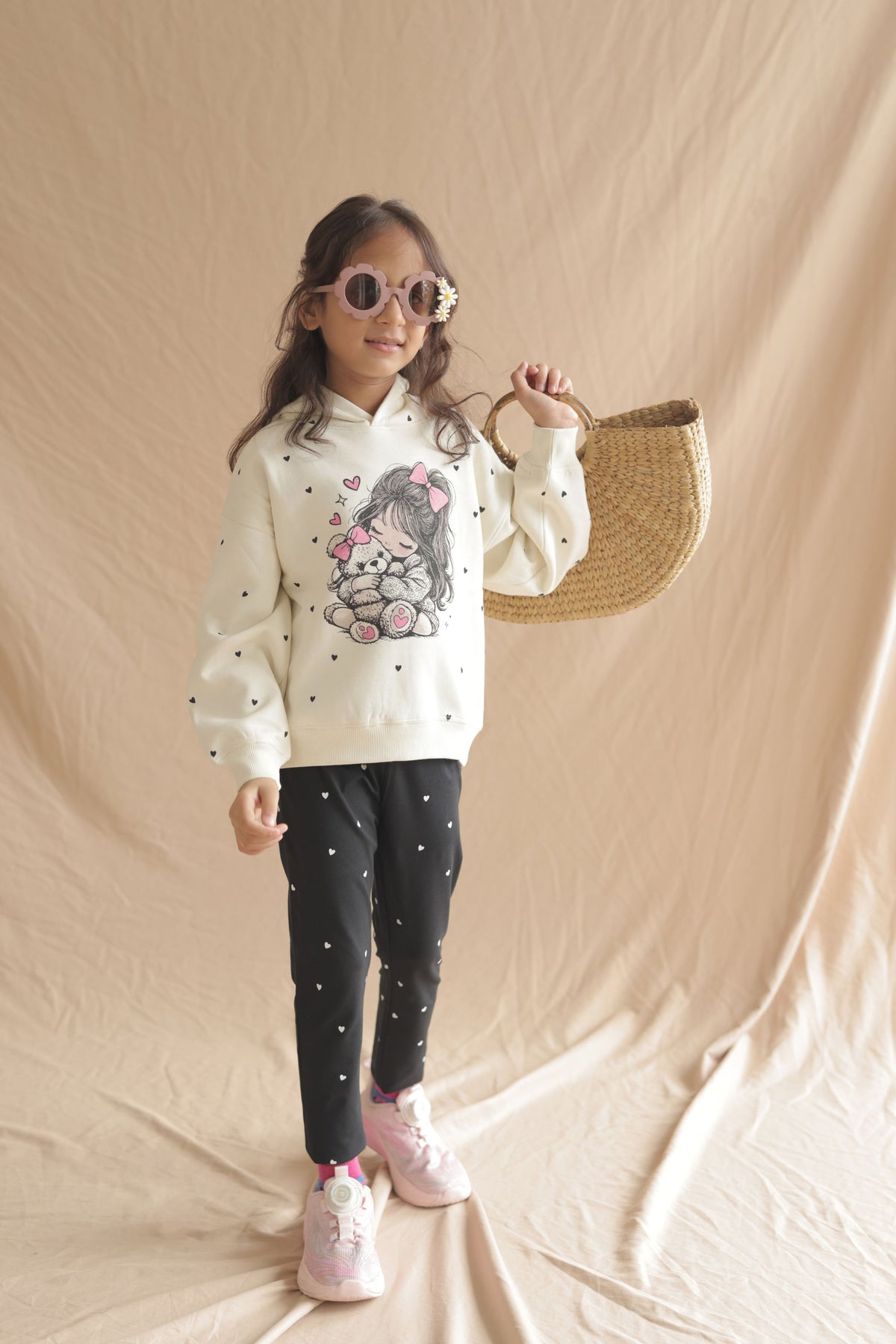 Off-white girls' hoodie with teddy hug heart graphic, long sleeves