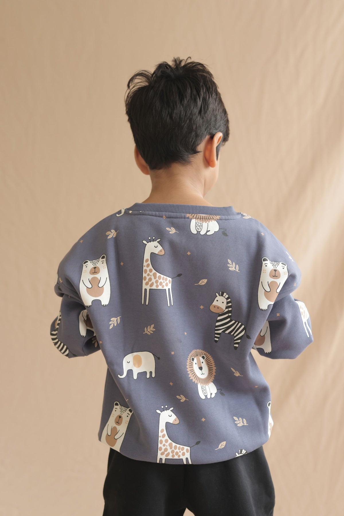 Denim blue kids sweatshirt with back all-over safari animal print and long sleeves