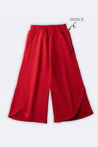 Red 320 gsm fleece palazzo pants, elastic waistband and flared wide-leg cut