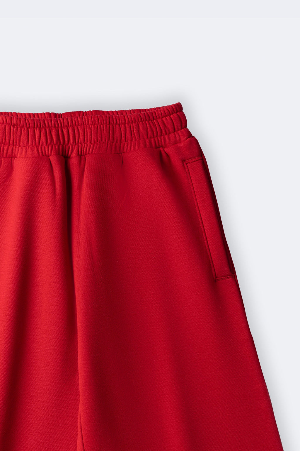 Red 320 gsm fleece palazzo pants waistband detail with elastic and side seam
