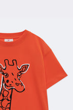 Orange comfort tee with embroidered giraffe graphic detail on the chest