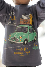 Dusty blue long-sleeve tee with Little Road Stories bus graphic and "sunny days"