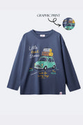 Blue long-sleeve comfort tee with Little Road Stories bus graphic print