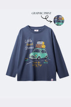 Blue long-sleeve comfort tee with Little Road Stories bus graphic print