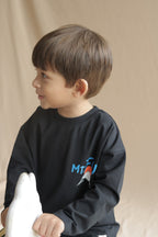 Black super-stretch t-shirt with blue Mt. Fuji graphic on front, toddler wearing