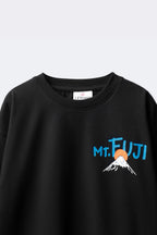 Black super-stretch t-shirt with blue Mt. Fuji graphic on chest
