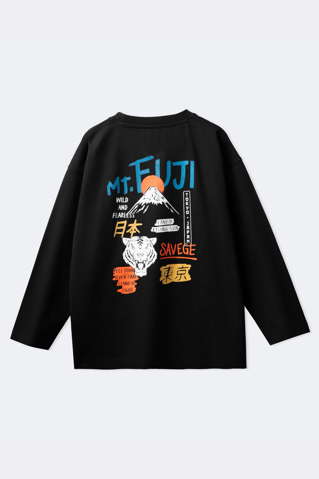 Black super-stretch t-shirt with large back Mt. Fuji multi-text graphic