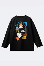 Black super-stretch t-shirt with large back Mt. Fuji multi-text graphic