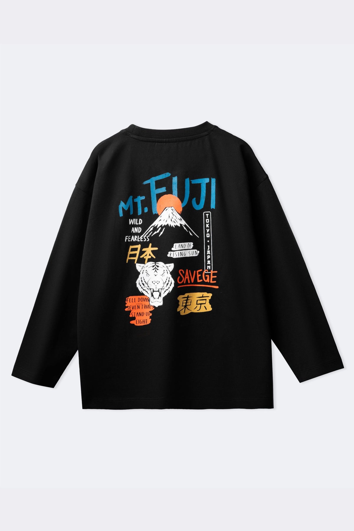 Black super-stretch t-shirt with large back Mt. Fuji multi-text graphic