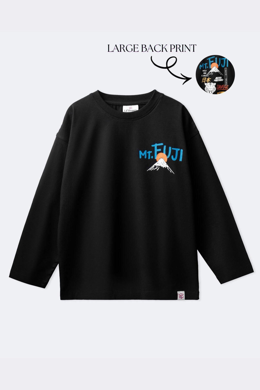Black super-stretch t-shirt with blue Mt. Fuji graphic on chest