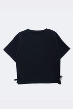 Black boxy comfort tee with side bow ties, back view