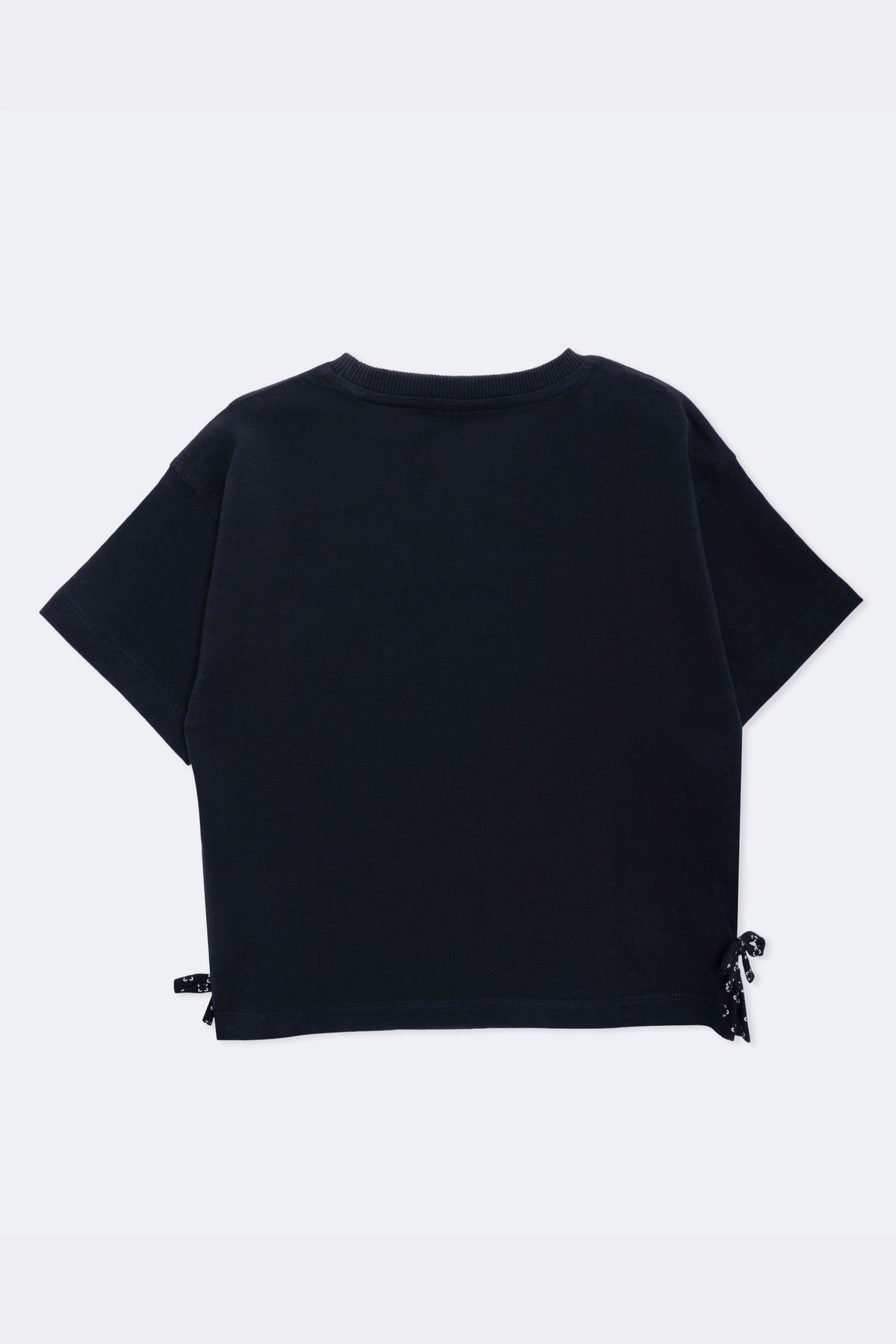 Black boxy comfort tee with side bow ties, back view