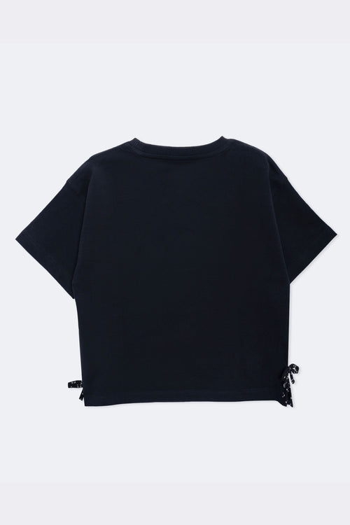 Black boxy comfort tee with side bow ties, back view