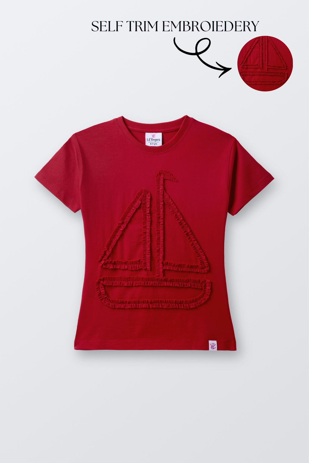 Red round-neck comfort tee with sailboat-shaped embroidery on front