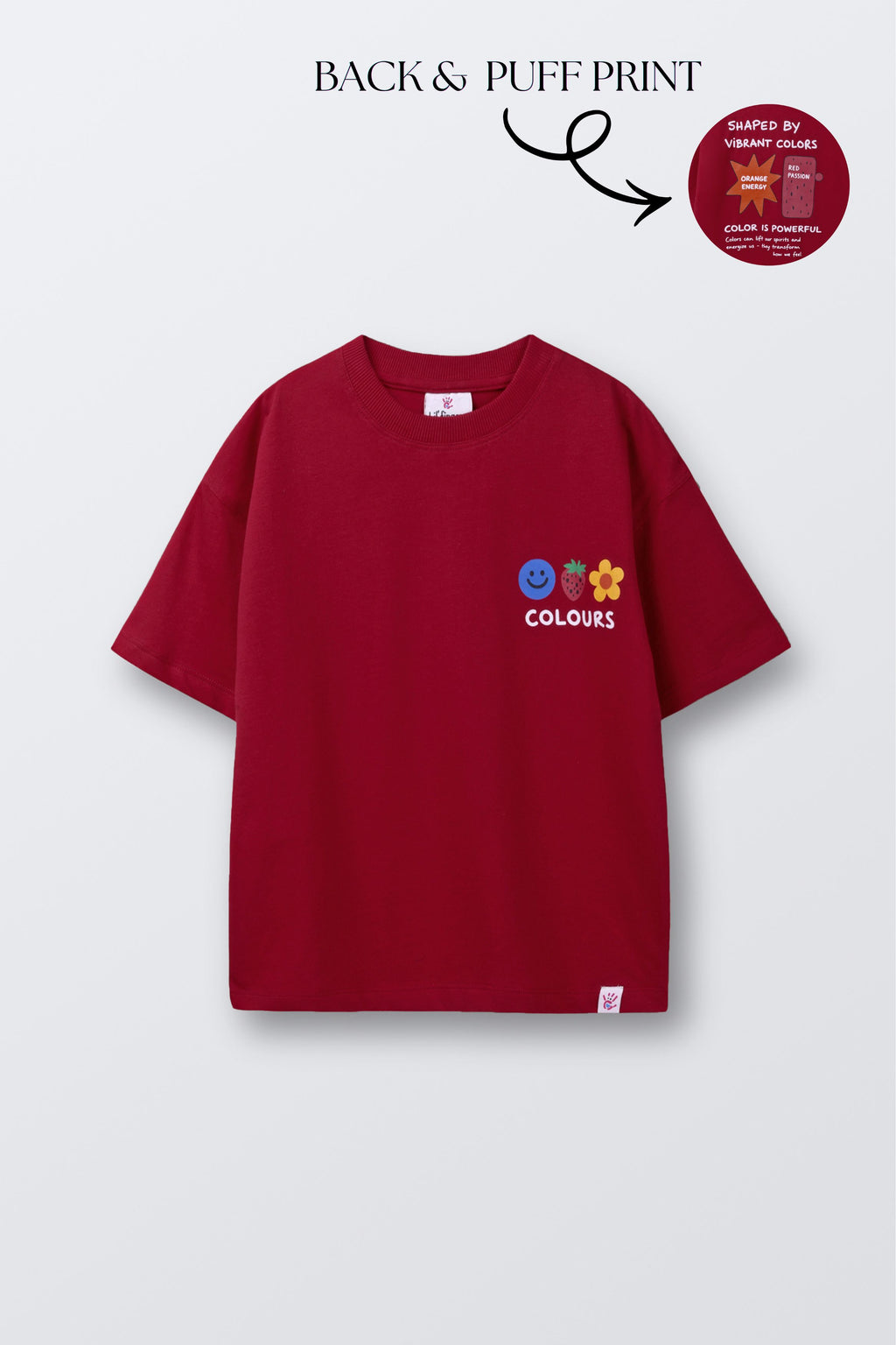 Red comfort tee with 'COLOURS' puff print and smiley/flower icons on chest