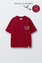 Red comfort tee with 'COLOURS' puff print and smiley/flower icons on chest