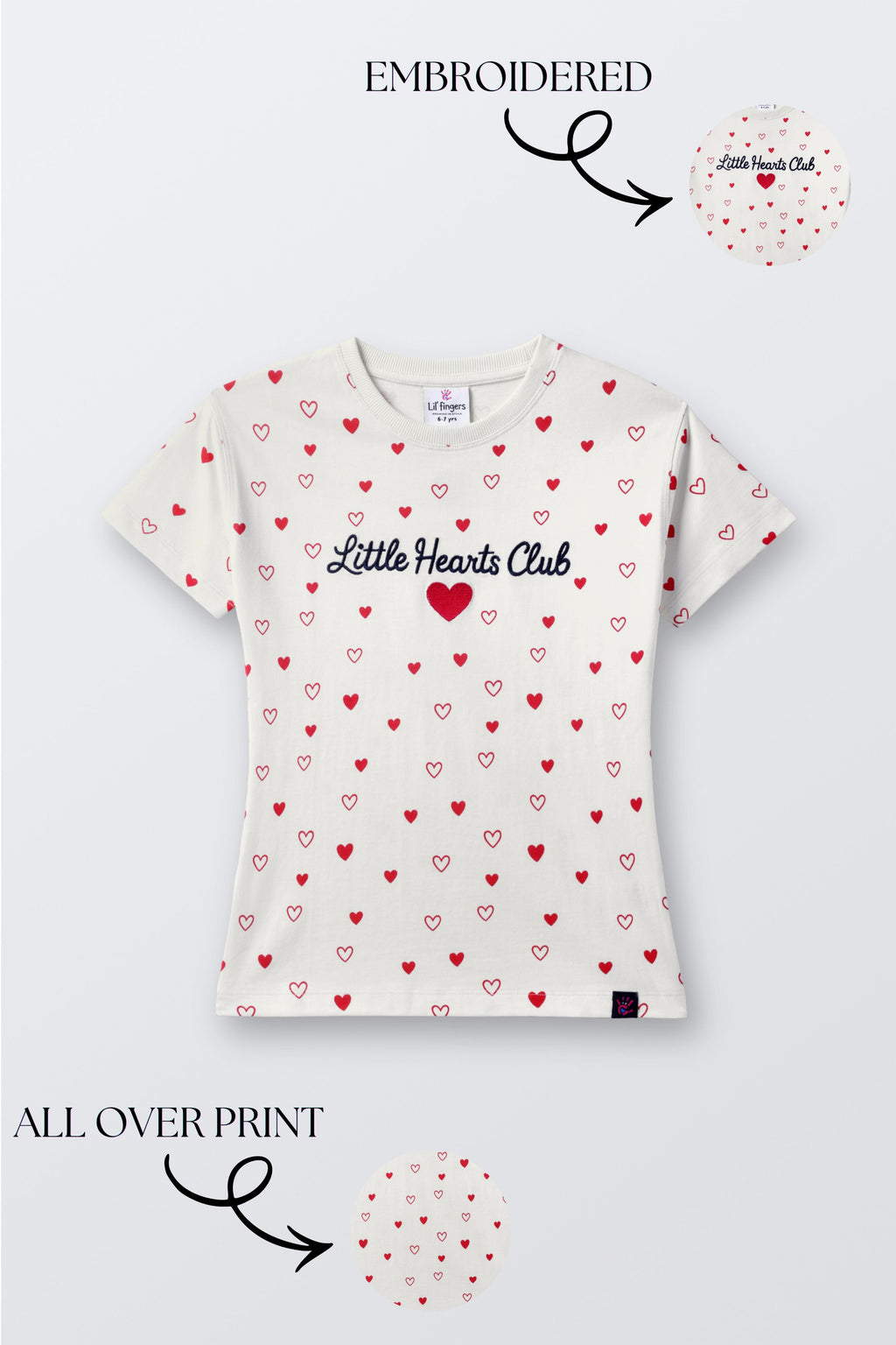 Off-white short-sleeve comfort tee with all-over red heart print and embroidered chest text