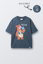 Denim blue round-neck comfort tee with Vacay Club cartoon bear print