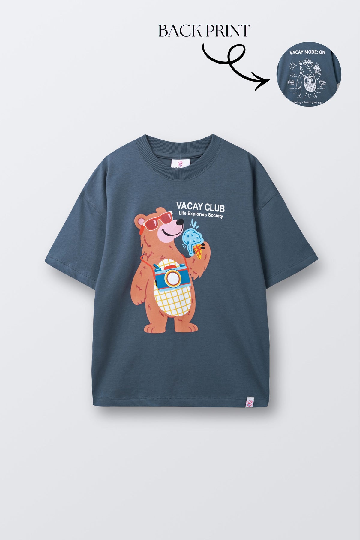 Denim blue round-neck comfort tee with Vacay Club cartoon bear print