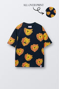 Oversized navy T-shirt with all-over roaring lion head graphic, short sleeves