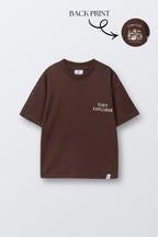Dark brown comfort tee with front graphic text print and short sleeves