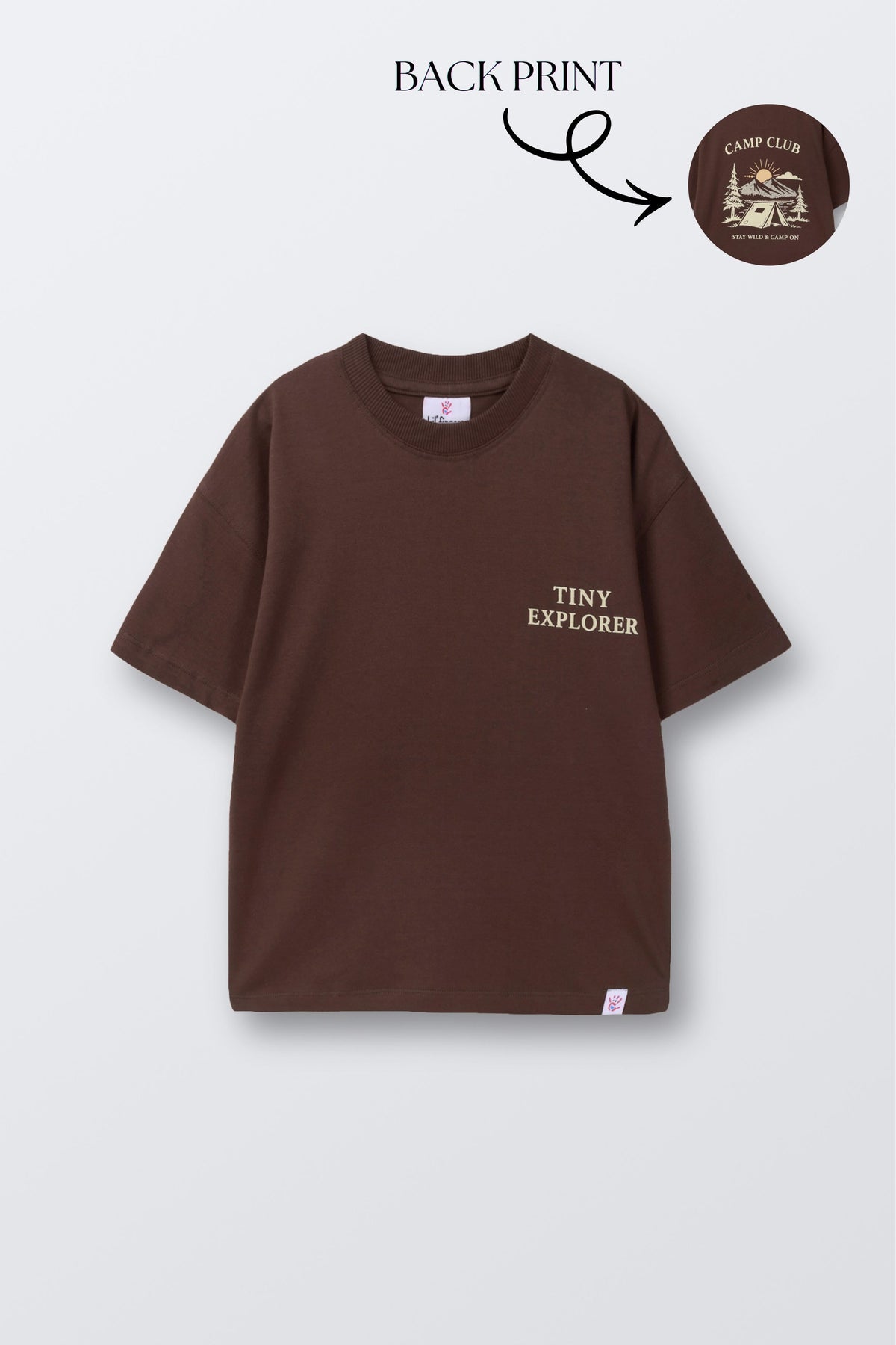 Dark brown comfort tee with front graphic text print and short sleeves