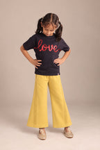 Yellow wide-leg palazzo pants with elastic waist and pleated slant pintucks