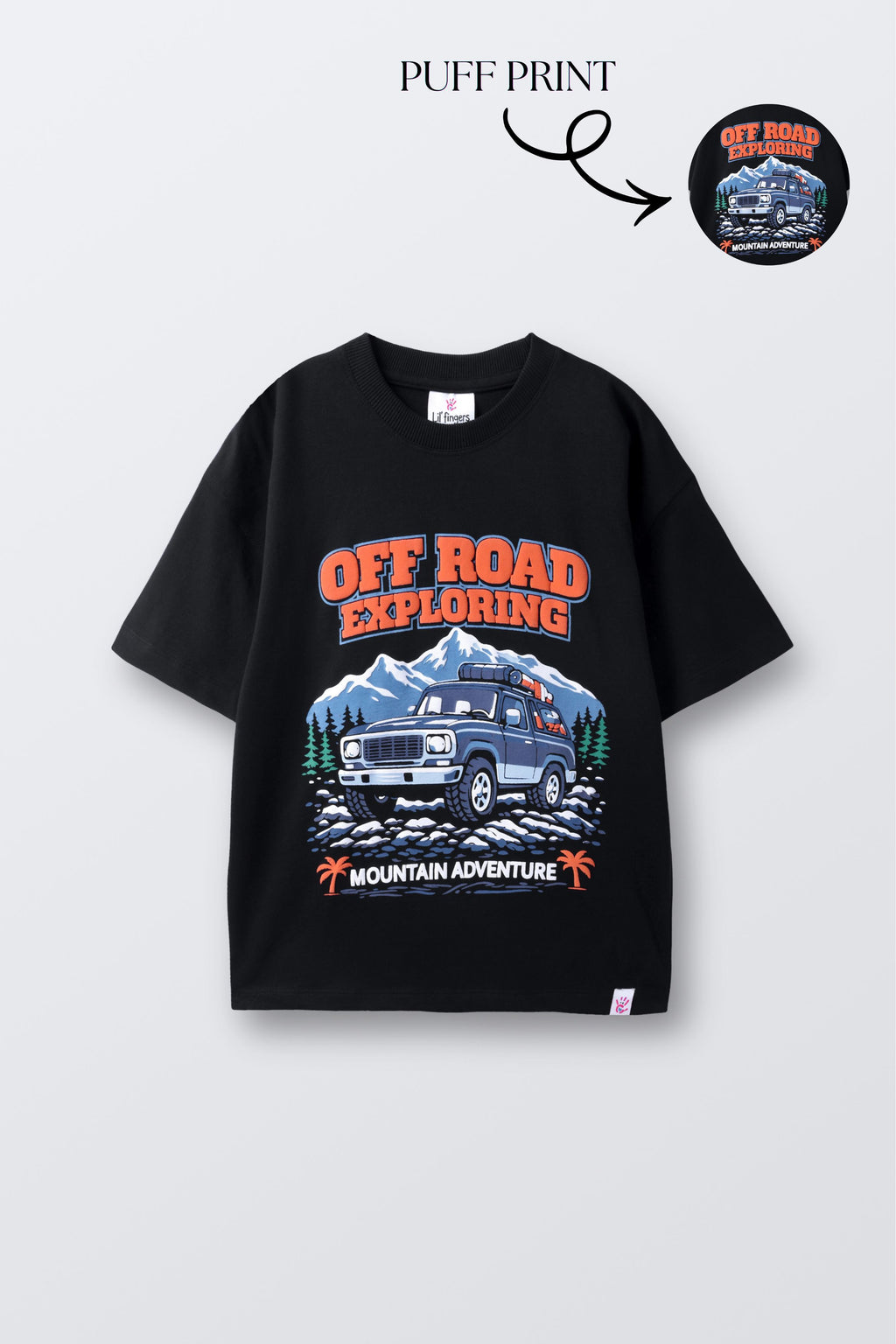 Black comfort T-shirt with puff-print truck and mountain adventure graphic